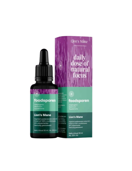 Extrait de crinière de lion (Hericium erinaceus), 30 ml – Foodsporen – flacon compte-gouttes et étui