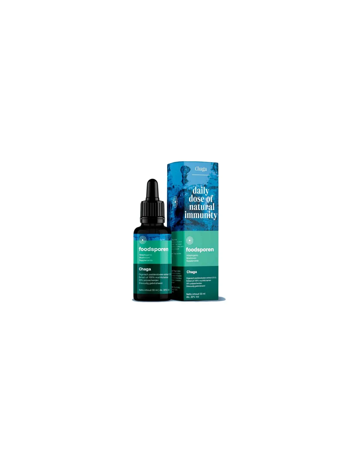 Extrait de chaga 12:1 (Inonotus obliquus), 30 ml – Foodsporen – flacon et étui
