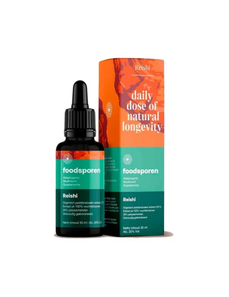 Extrait de reishi 12:1 (Ganoderma lucidum), 30 ml – Foodsporen – flacon compte-gouttes et étui