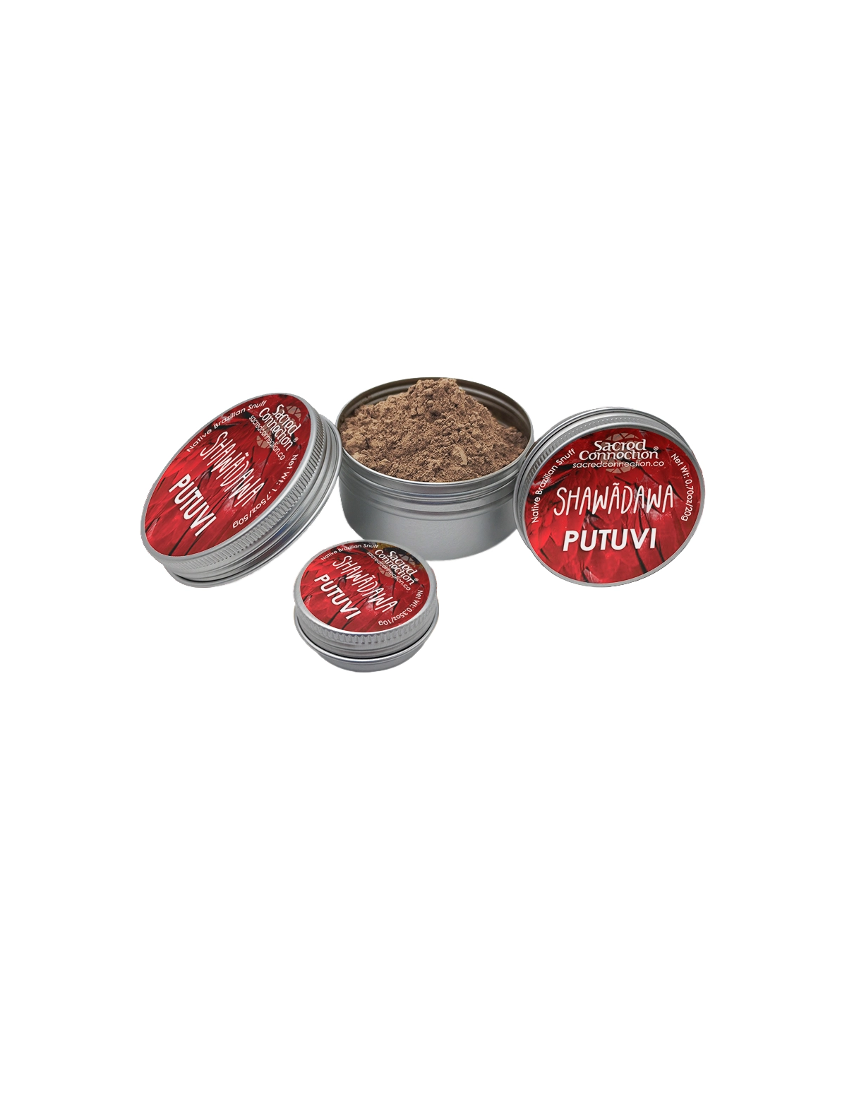 Rapé Shawãdawa – Putuvi – boîtes à étiquette rouge, dont une ouverte sur la poudre