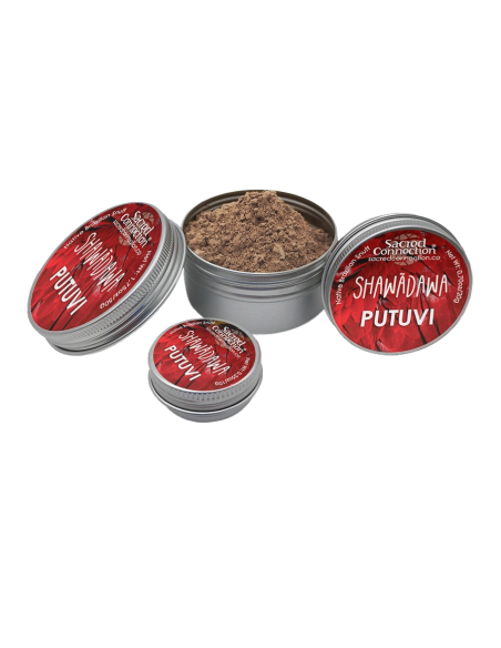 Rapé Shawãdawa – Putuvi – boîtes à étiquette rouge, dont une ouverte sur la poudre