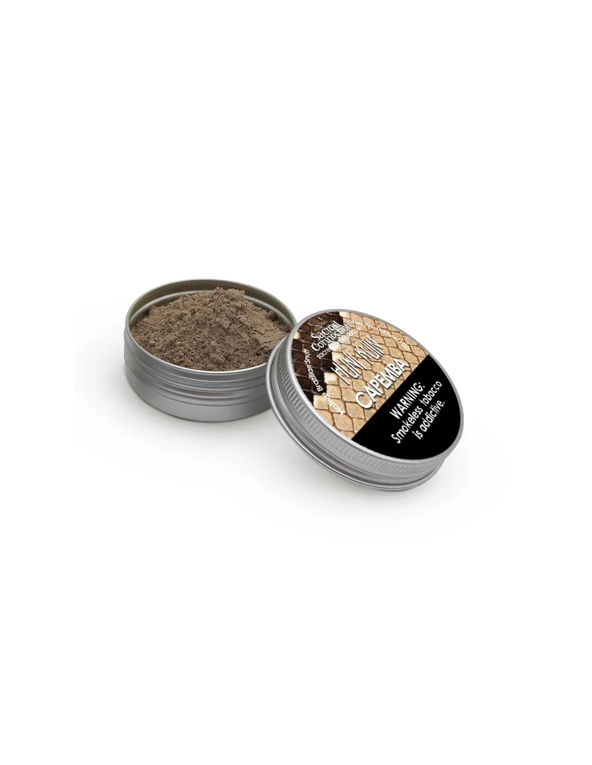 Rapé Huni Kuin – Capemba – boîte ouverte avec la poudre et couvercle étiqueté