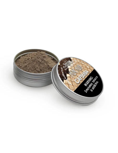 Rapé Huni Kuin – Capemba – boîte ouverte avec la poudre et couvercle étiqueté