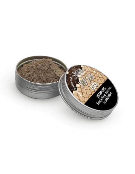 Rapé Huni Kuin – Uxi – boîte ouverte avec la poudre et couvercle portant un avertissement