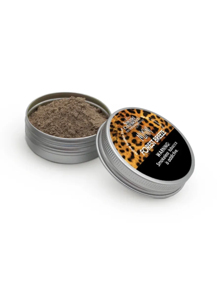 Rapé Nukini – Forest Breeze – boîte de 10 g ouverte à côté de son couvercle étiqueté