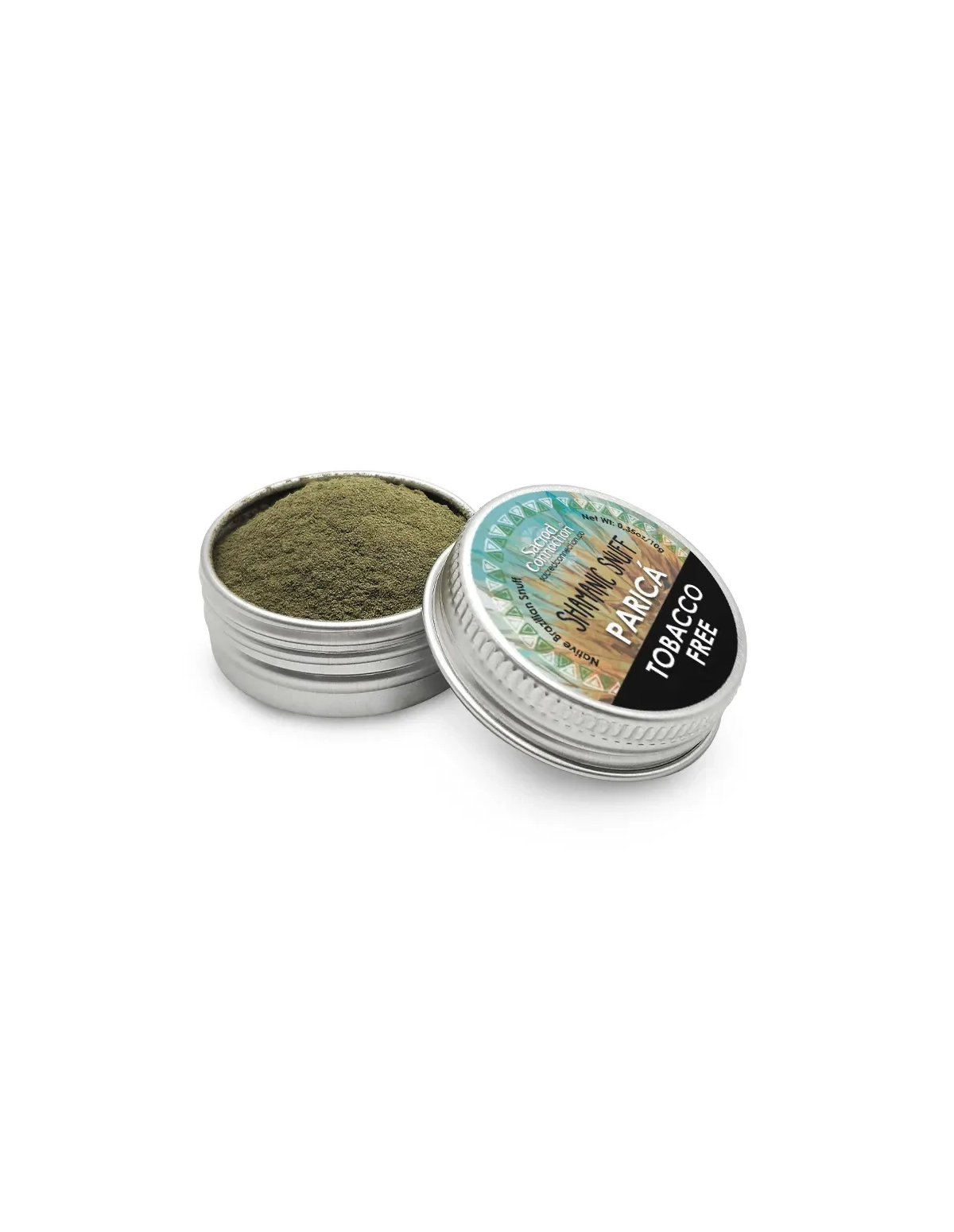Rapé sans tabac – Parica – boîte ouverte et couvercle étiqueté