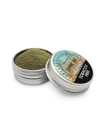 Rapé sans tabac – Haux Haux – boîte de 10 g ouverte à côté de son couvercle
