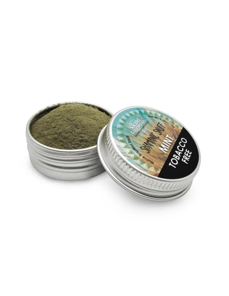 Rapé sans tabac – Mint – étiquette du couvercle et boîte ouverte