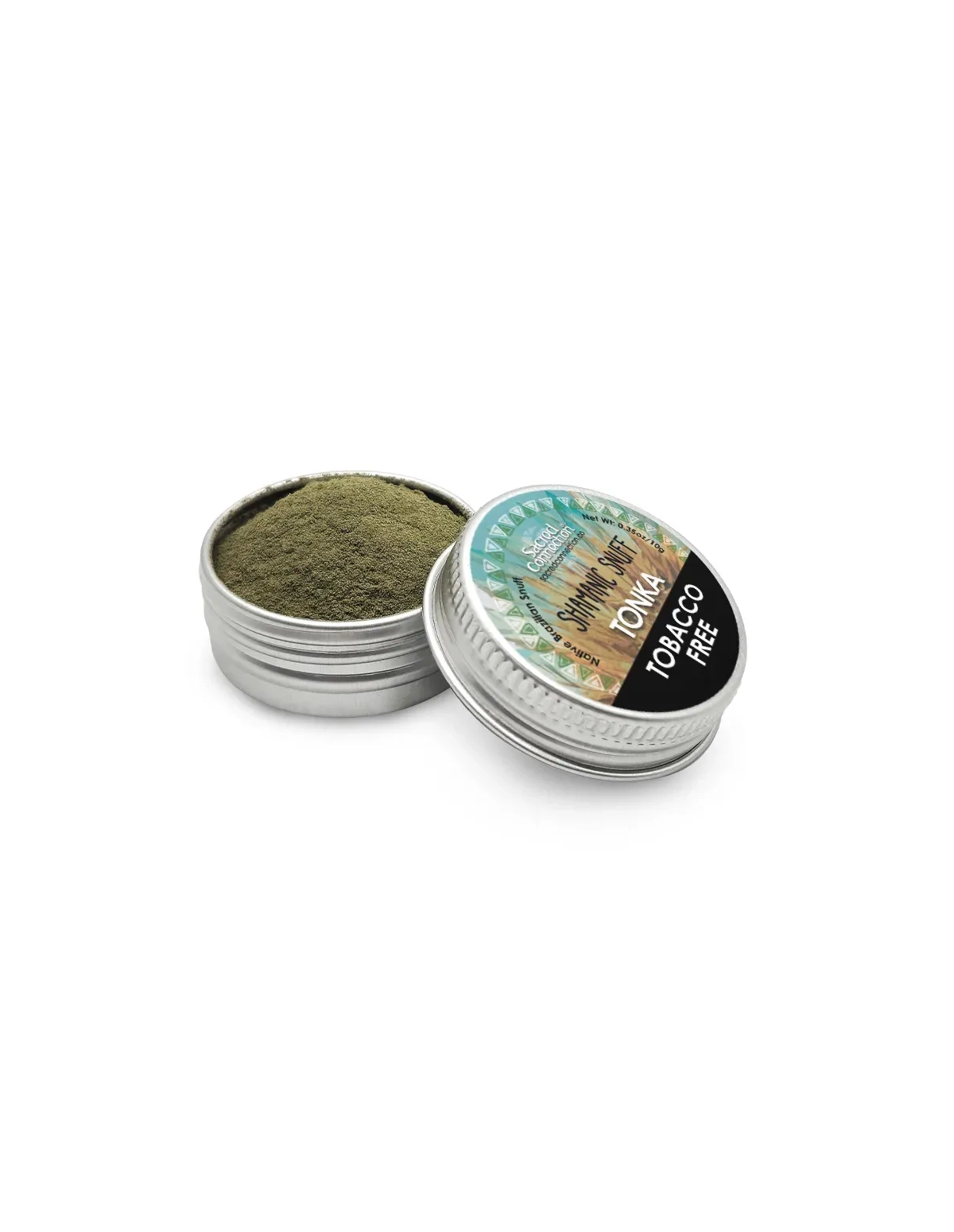 Rapé sans tabac – Tonka – boîte de 10 g ouverte, étiquette Tobacco Free