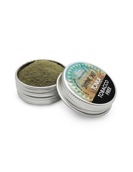 Rapé sans tabac – Tonka – boîte de 10 g ouverte, étiquette Tobacco Free