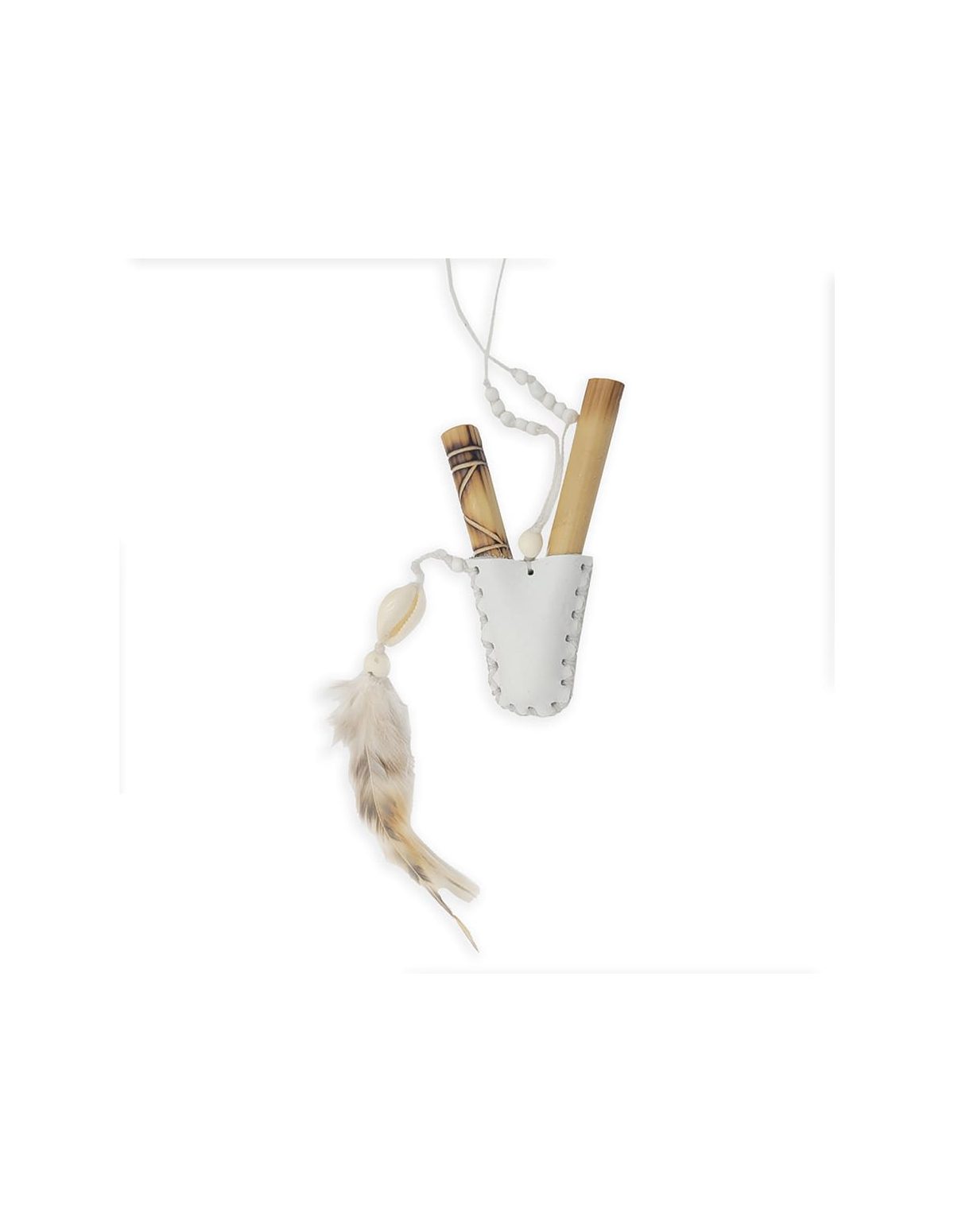 Kuripe en bambou – Ararunart White – tubes dans un manchon en cuir blanc, perles, coquillage et plume