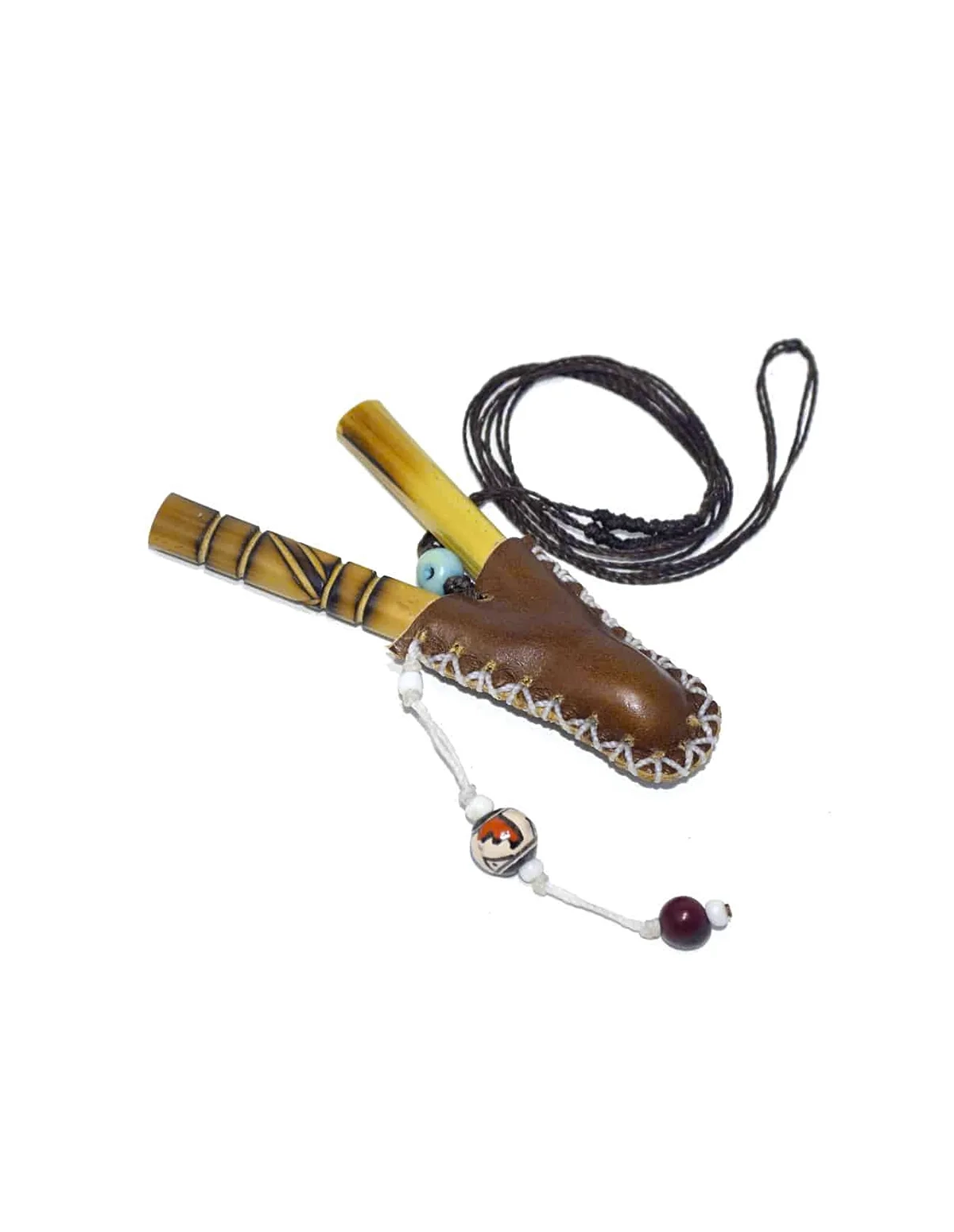 Kuripe en bambou – Ararunart Brown – tubes dans un manchon en cuir brun lacé, cordon foncé et perles
