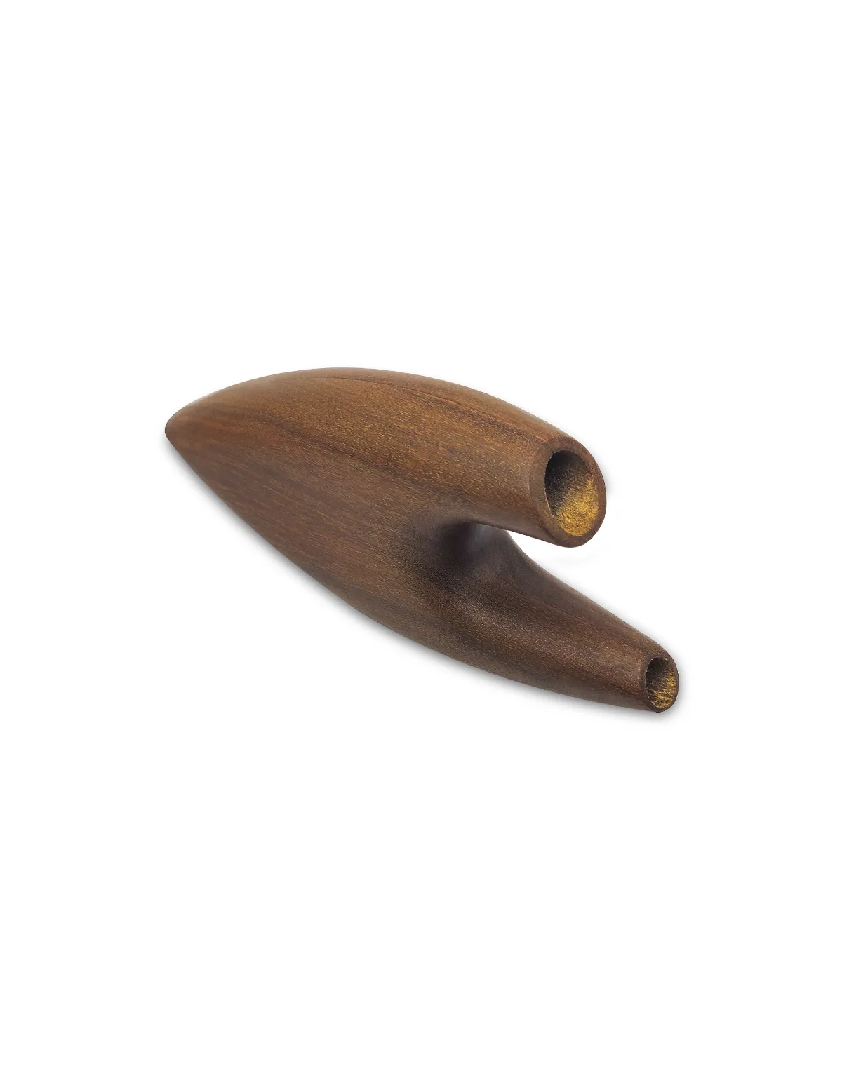 Kuripe circulaire en bois dur – corps courbe en bois brun et ses deux ouvertures, vue d’ensemble