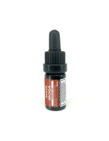 Essence d’iboga 1:25 (Tabernanthe iboga) – écorce de racine, 5 ml – flacon compte-gouttes et son étiquette