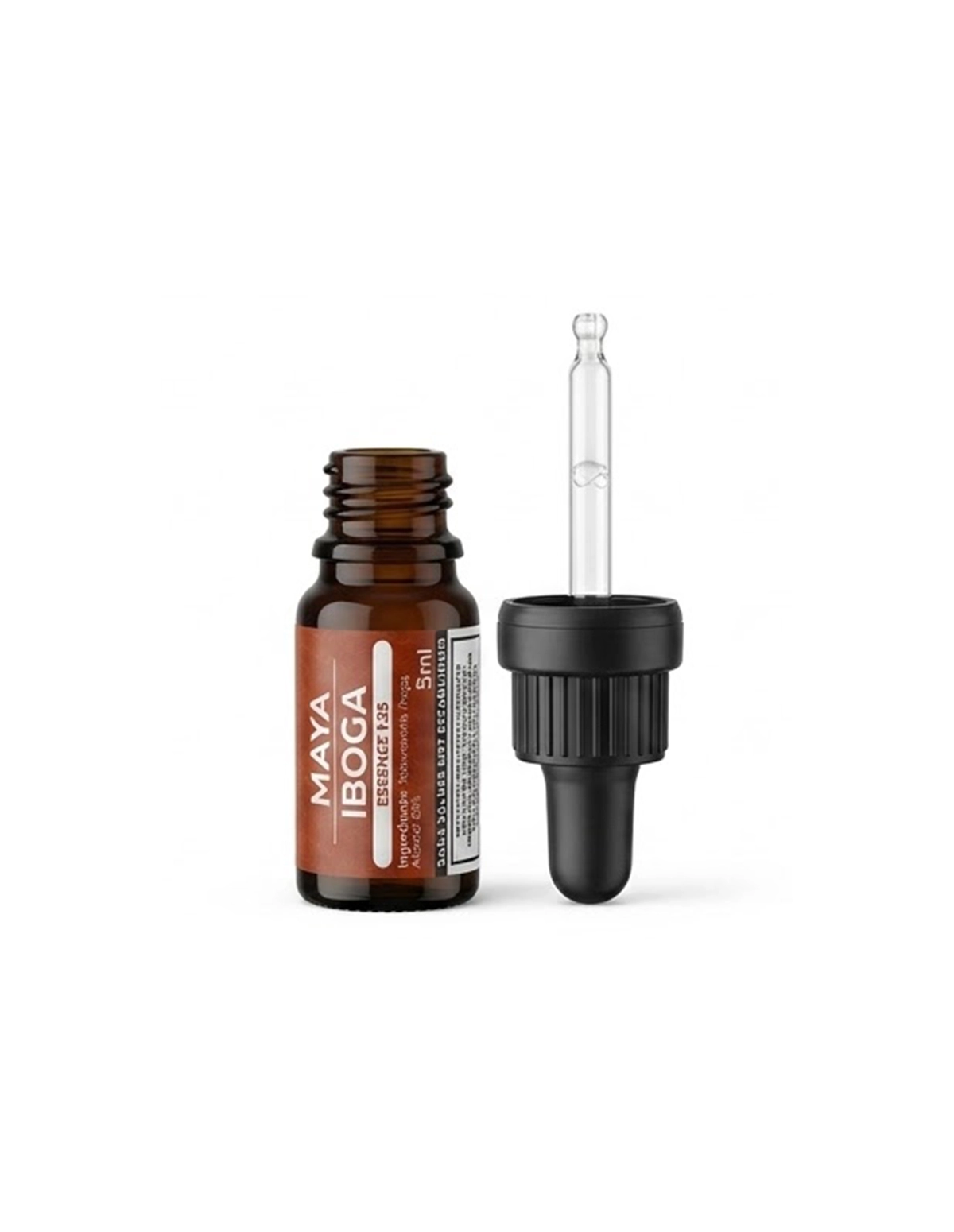 Essence d’iboga 1:25 (Tabernanthe iboga) – écorce de racine, 5 ml – flacon ouvert et pipette