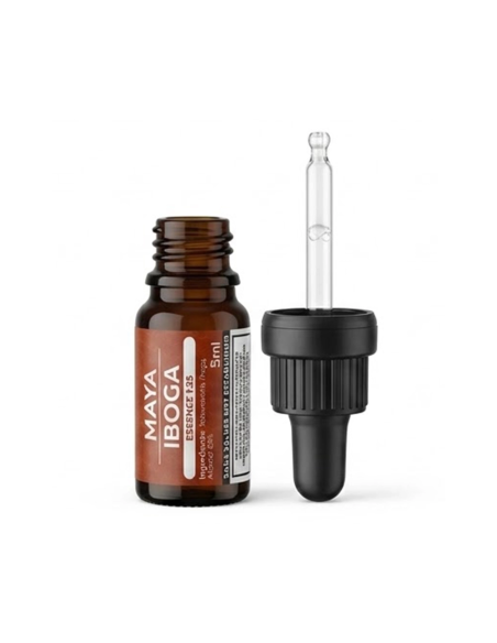 Essence d’iboga 1:25 (Tabernanthe iboga) – écorce de racine, 5 ml – flacon ouvert et pipette