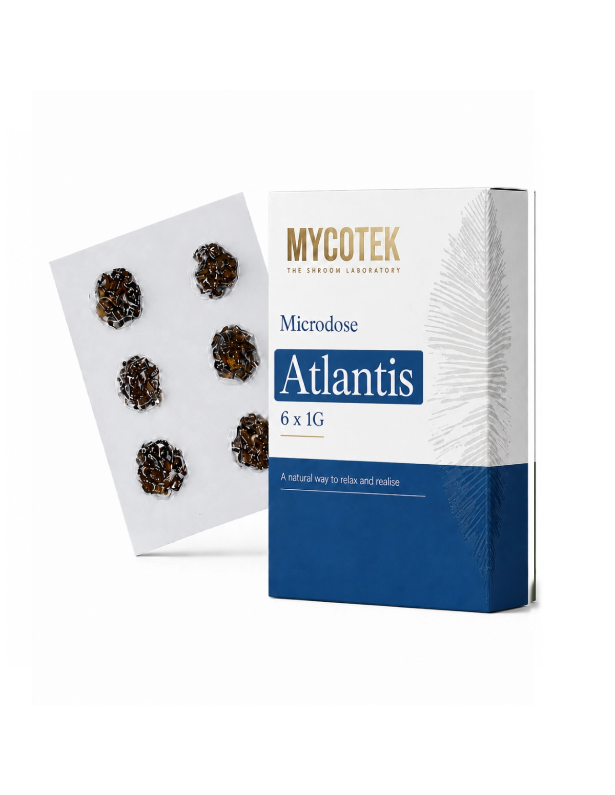 Pack microdosage Atlantis – Mycotek, 6 × 1 g – boîte et carte de six portions