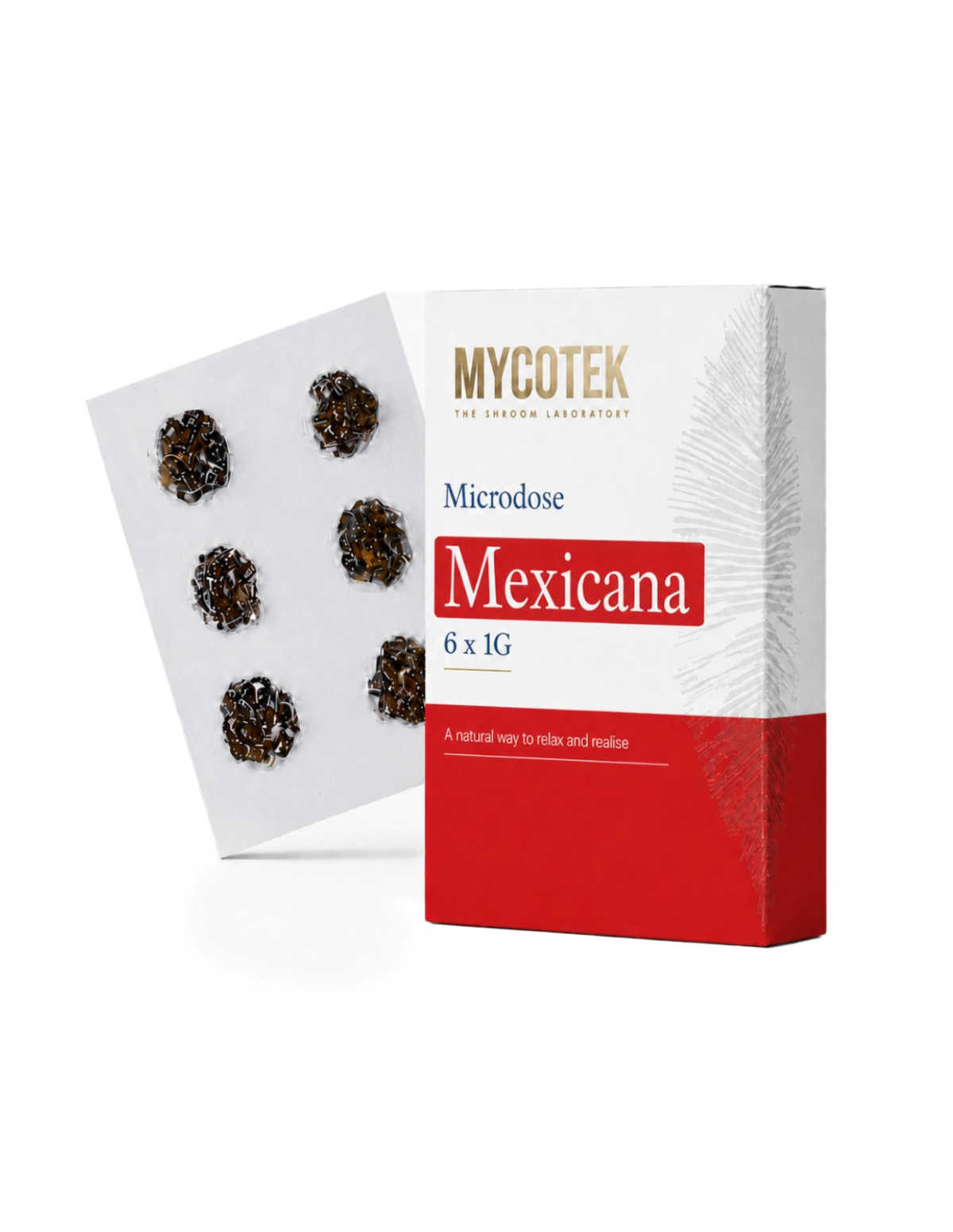Pack microdosage Mexicana – Mycotek, 6 × 1 g – boîte et carton de six portions