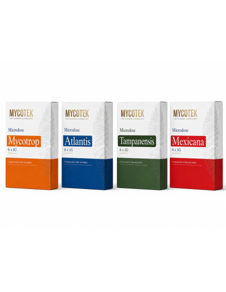 Pack microdosage Tampanensis – Mycotek, 6 × 1 g – boîte verte à côté des trois autres boîtes Mycotek