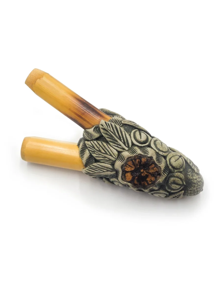 Kuripe en bambou – Jagube – relief de feuilles et disque de liane caapi
