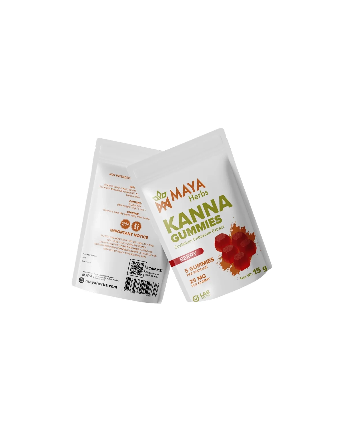 Gummies au kanna (Sceletium tortuosum) – Berry, 5 pièces – sachet, recto et verso