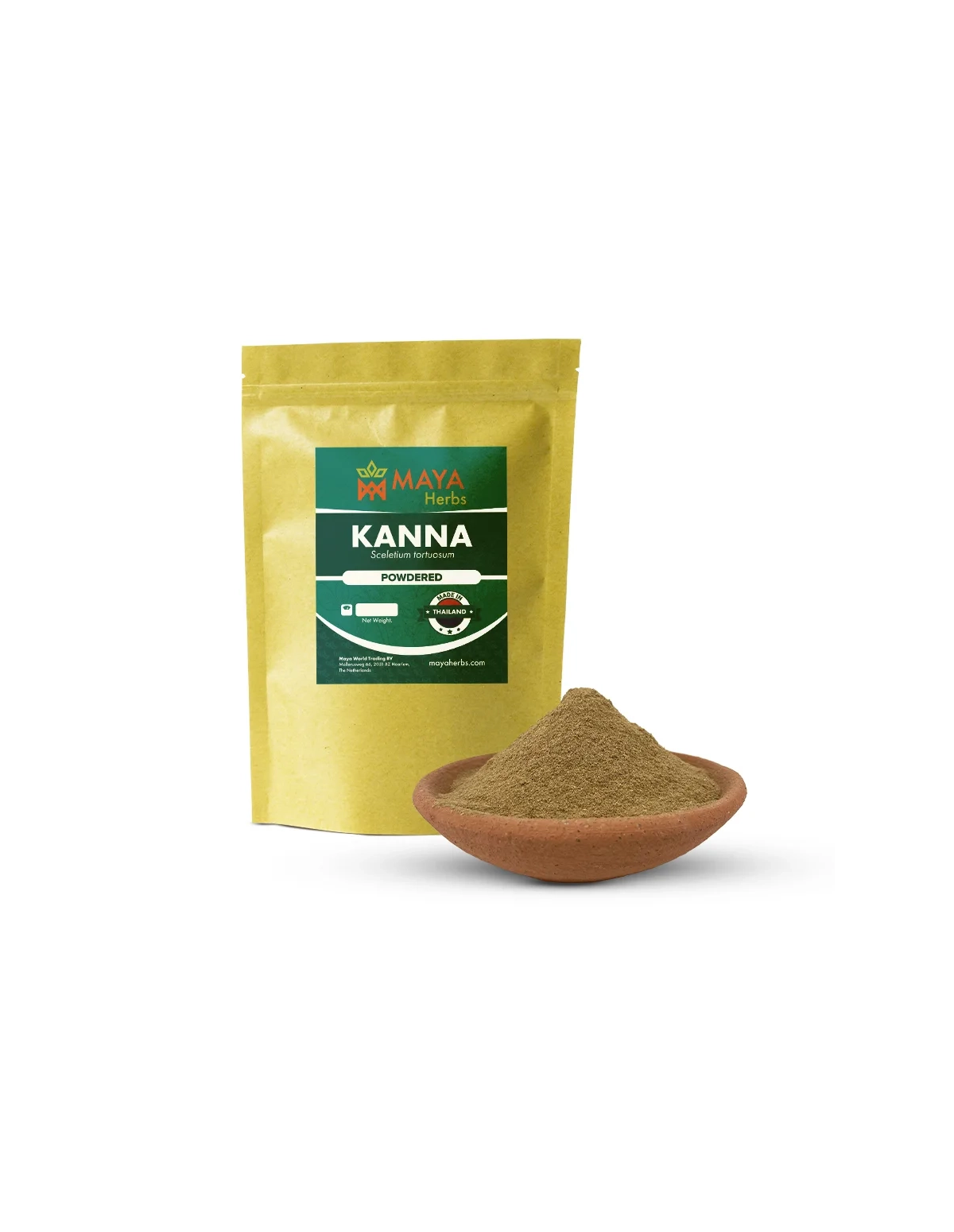 Kanna en poudre fine (Sceletium tortuosum) – Thaïlande – sachet étiqueté et poudre dans une coupelle en terre cuite