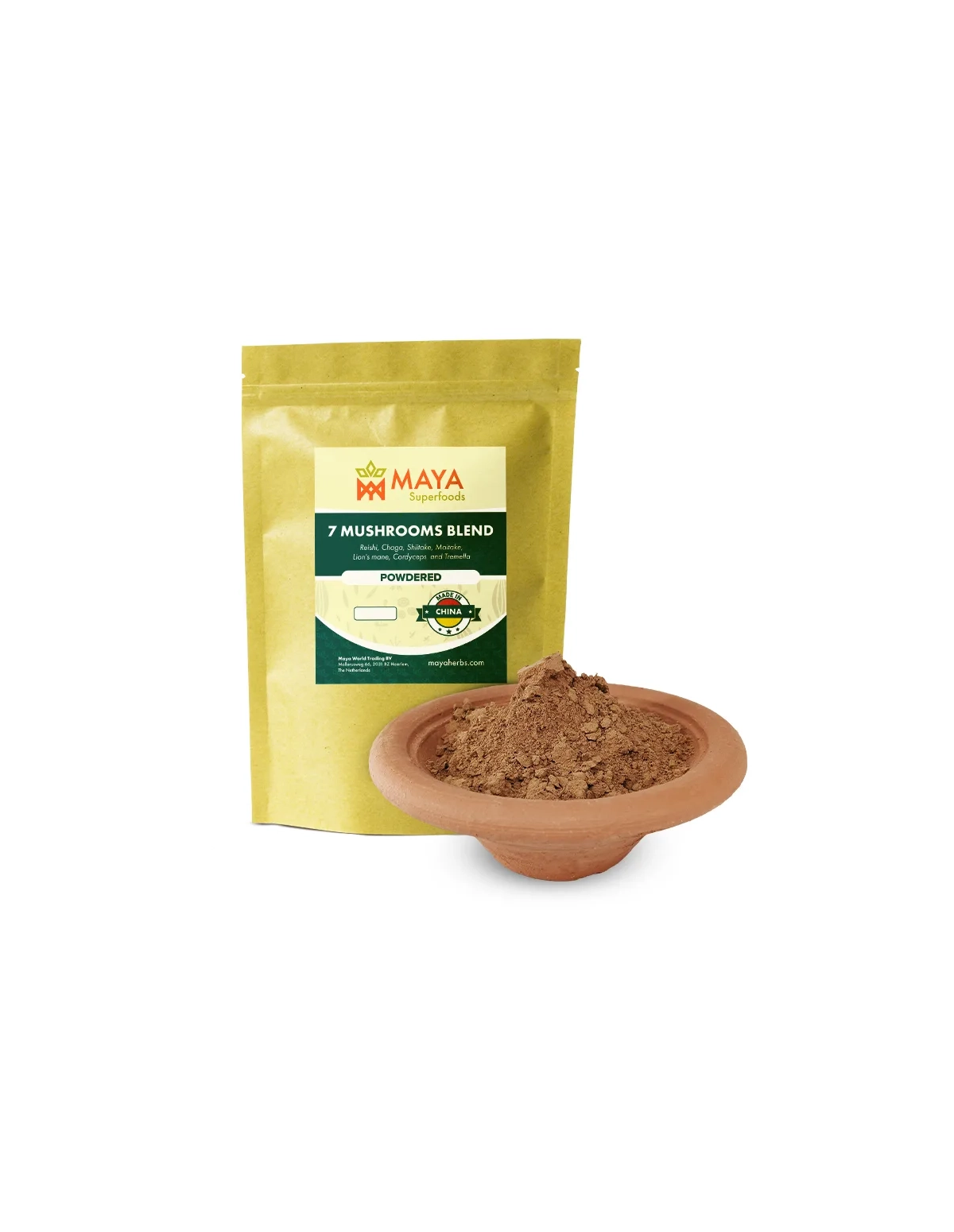 Mélange 7 champignons en poudre – reishi, chaga, crinière de lion – sachet étiqueté et poudre