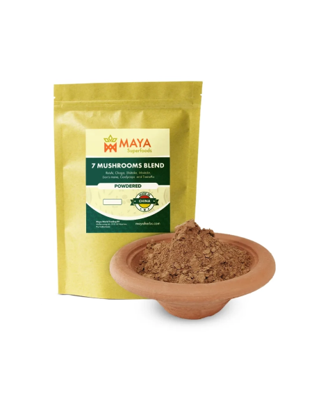 Mélange 7 champignons en poudre – reishi, chaga, crinière de lion – sachet étiqueté et poudre