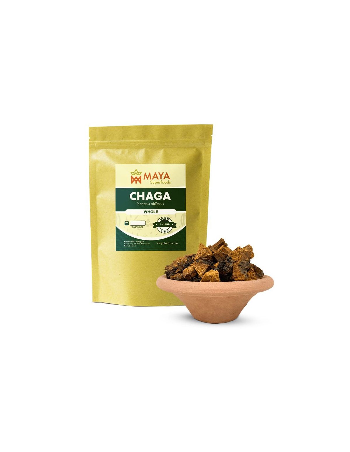 Chaga entier (Inonotus obliquus) – récolte sauvage, Finlande – sachet et morceaux