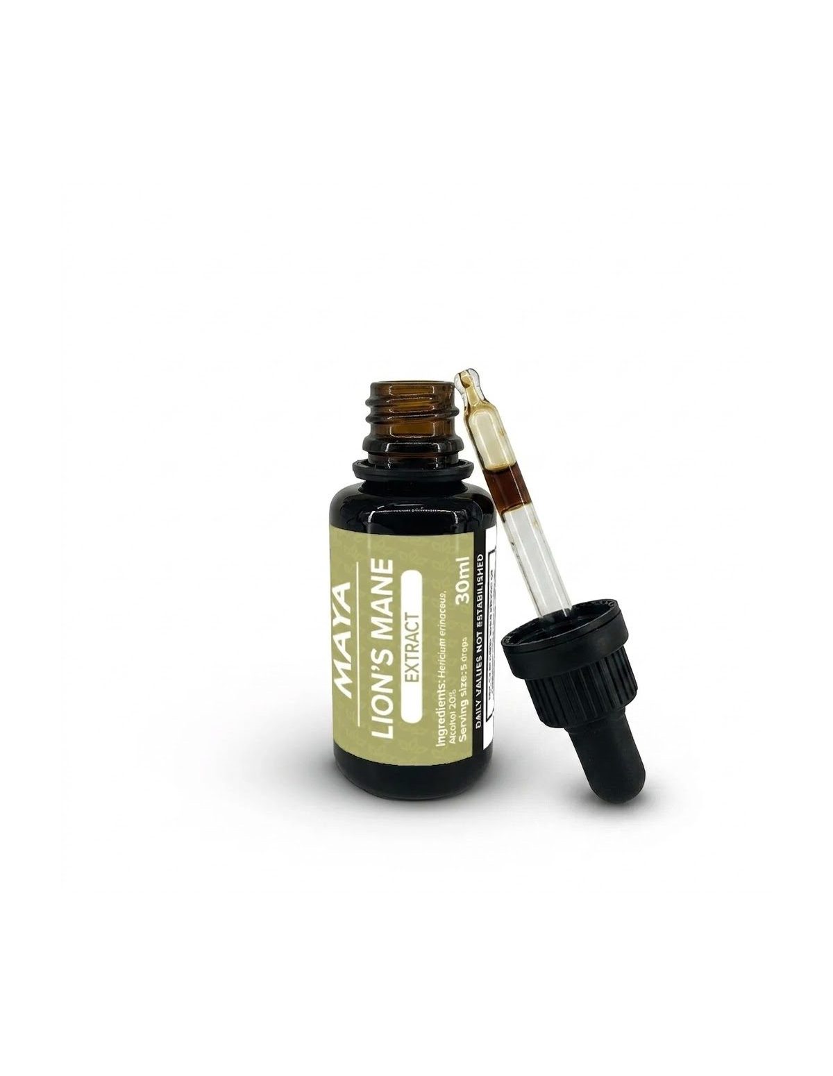 Extrait de crinière de lion (Hericium erinaceus), 30 ml – Maya – flacon ouvert et pipette