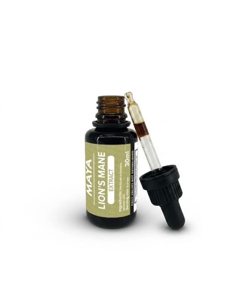 Extrait de crinière de lion (Hericium erinaceus), 30 ml – Maya – flacon ouvert et pipette