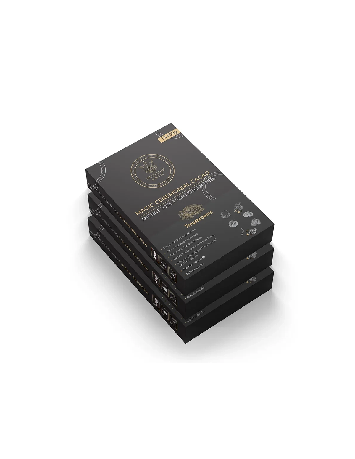 Cacao cérémoniel bio Medicine Magic – 7 champignons, Colombie – trois boîtes de 400 g, face avant