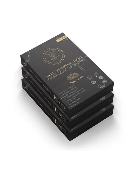 Cacao cérémoniel bio Medicine Magic – 7 champignons, Colombie – trois boîtes de 400 g, face avant