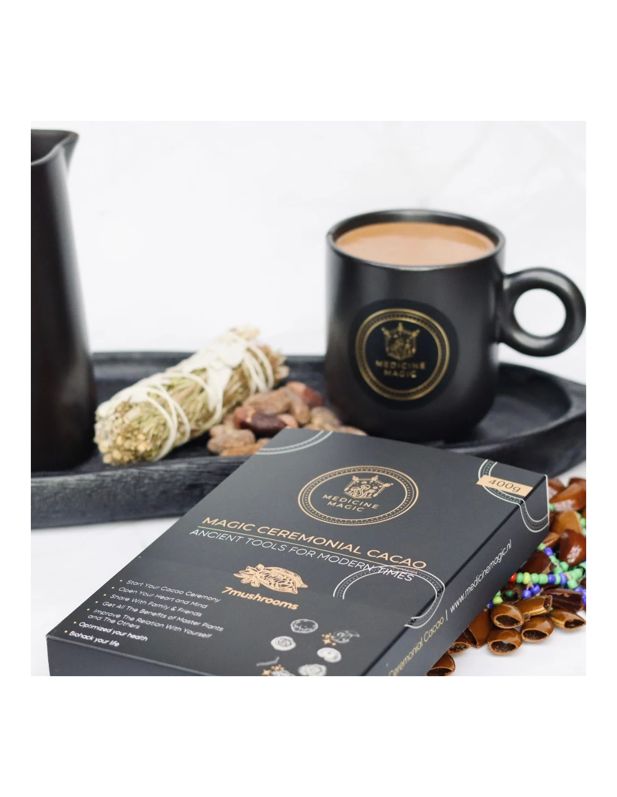 Cacao cérémoniel bio Medicine Magic – 7 champignons, Colombie – boîte de 400 g vue de face