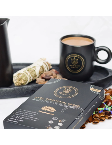 Cacao cérémoniel bio Medicine Magic – 7 champignons, Colombie – boîte de 400 g vue de face