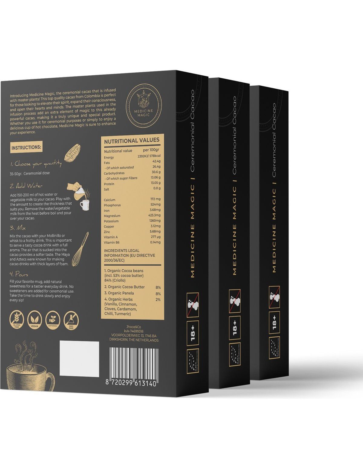 Cacao cérémoniel bio Medicine Magic – 7 champignons, Colombie – dos de la boîte
