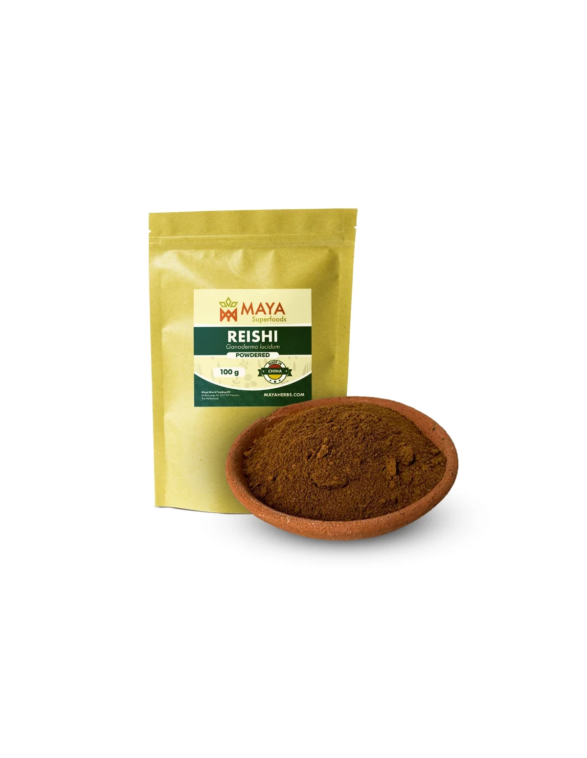 Poudre de reishi (Ganoderma lucidum) – ling zhi de Chine, 100 g – sachet et poudre