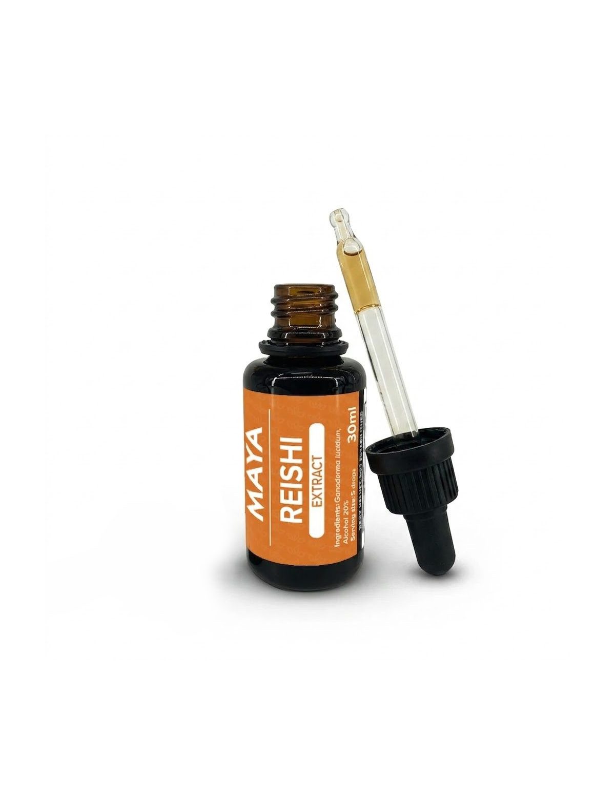 Extrait de reishi (Ganoderma lucidum), 30 ml – Maya – flacon ouvert et pipette