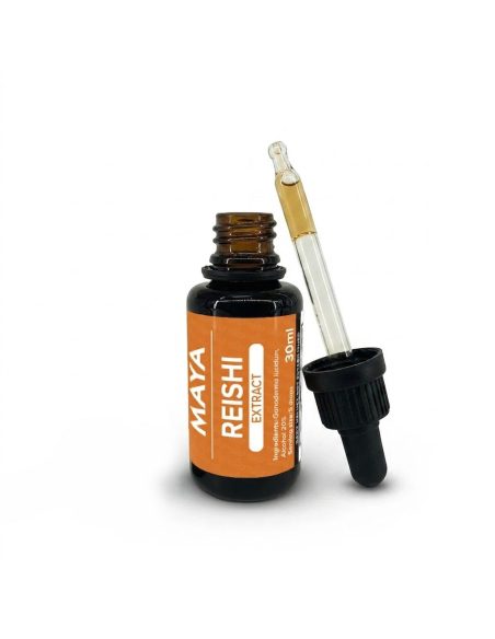 Extrait de reishi (Ganoderma lucidum), 30 ml – Maya – flacon ouvert et pipette