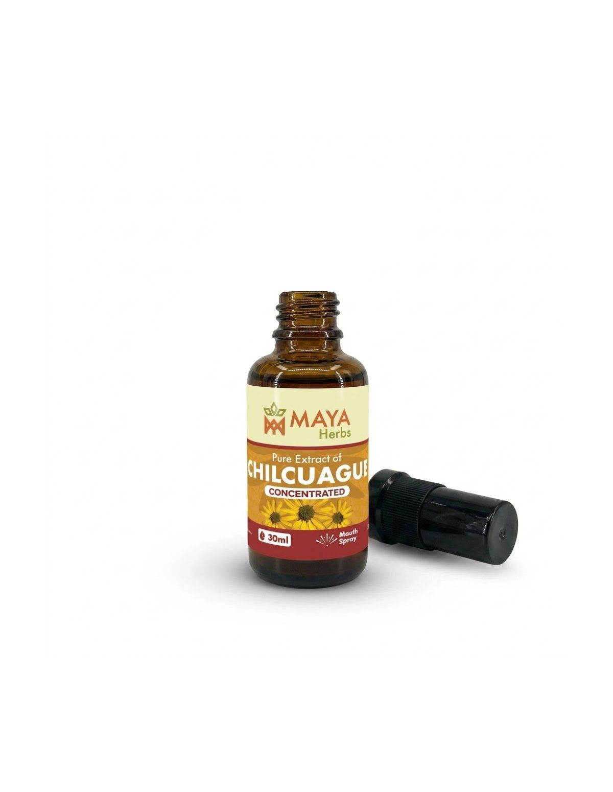 Extrait de chilcuague (Heliopsis longipes), spray concentré, 30 ml – flacon ouvert et bouchon spray