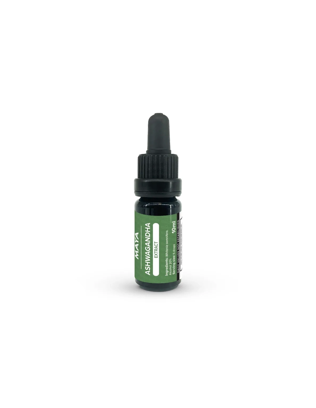 Extrait d’ashwagandha (Withania somnifera), 10 ml – Maya – flacon compte-gouttes et étiquette