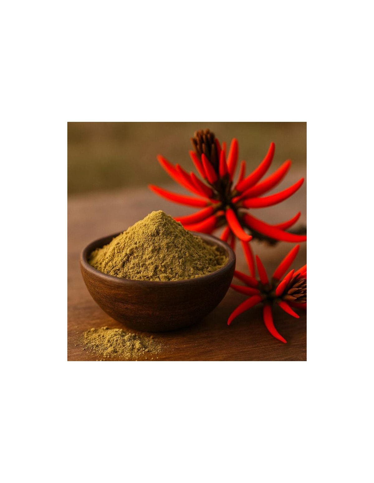 Teinture de mulungu 1:1 (Erythrina mulungu) – 30 ml – illustration : poudre dans un bol en bois et fleurs rouges