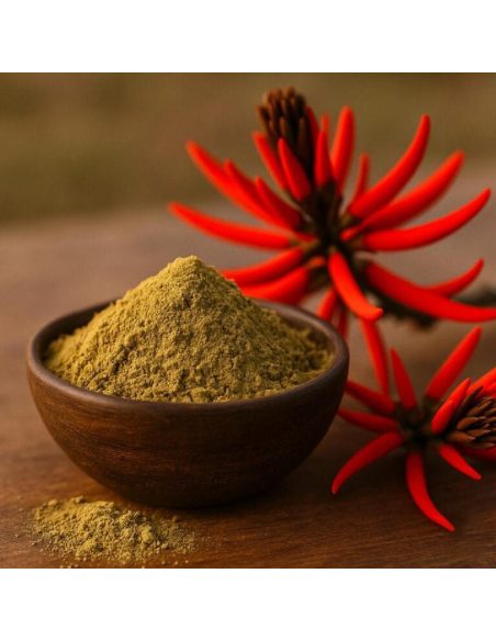 Teinture de mulungu 1:1 (Erythrina mulungu) – 30 ml – illustration : poudre dans un bol en bois et fleurs rouges