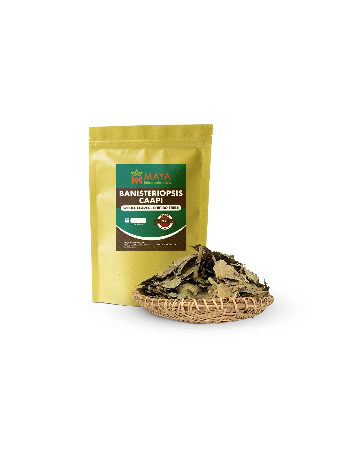 Feuilles de caapi Cielo (Banisteriopsis caapi) – Shipibo, Pérou – sachet Maya et feuilles dans une corbeille