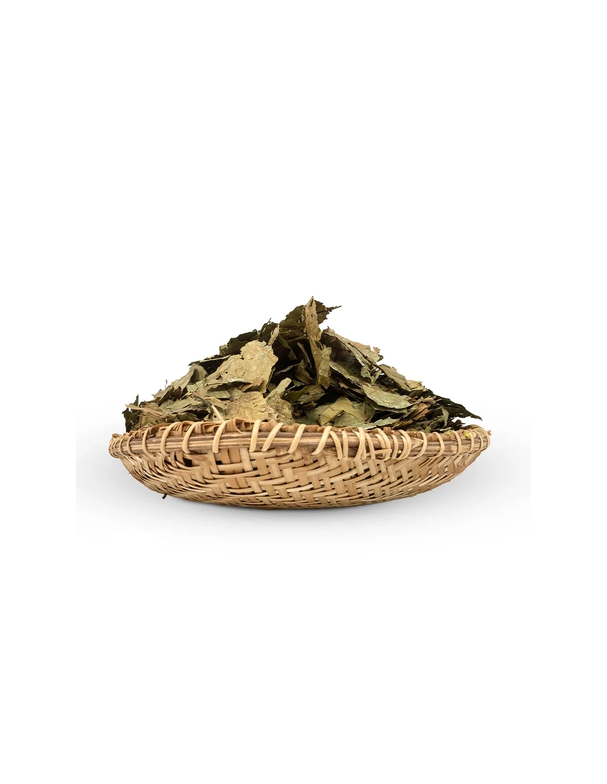 Feuilles de caapi Cielo (Banisteriopsis caapi) – Shipibo, Pérou – feuilles séchées dans une corbeille tressée