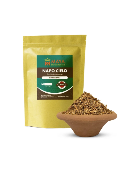 Napo Cielo (Banisteriopsis caapi) – liane finement broyée du Pérou – sachet étiqueté et bol en terre cuite