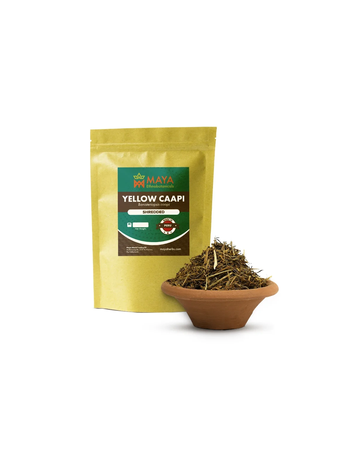 Ayahuasca jaune (Banisteriopsis caapi) – liane broyée du Pérou – sachet Maya à côté d’un bol de liane broyée