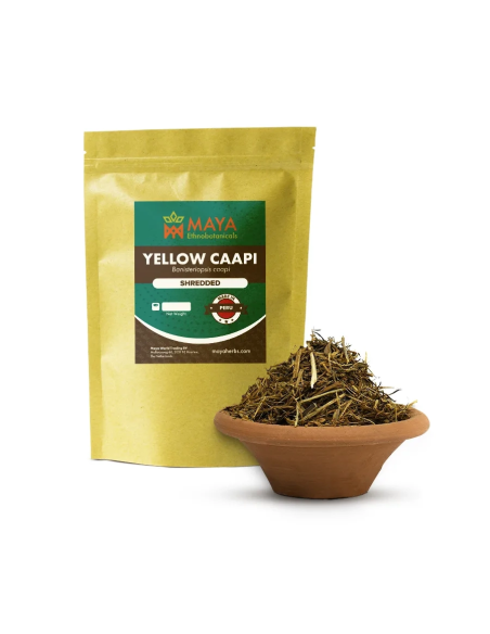 Ayahuasca jaune (Banisteriopsis caapi) – liane broyée du Pérou – sachet Maya à côté d’un bol de liane broyée