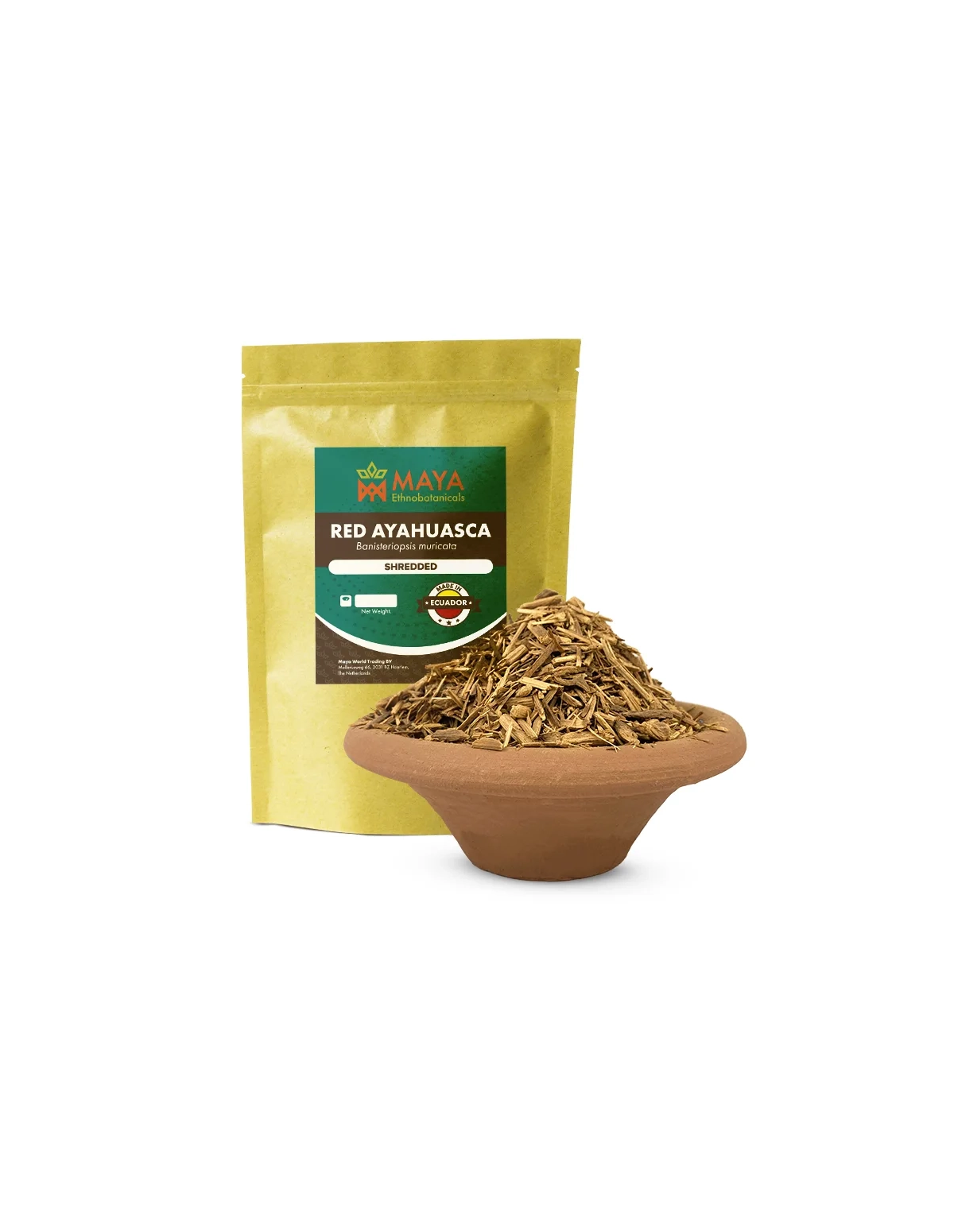 Ayahuasca rouge (Banisteriopsis muricata) – liane broyée d’Équateur – sachet Maya à côté d’un bol de liane broyée
