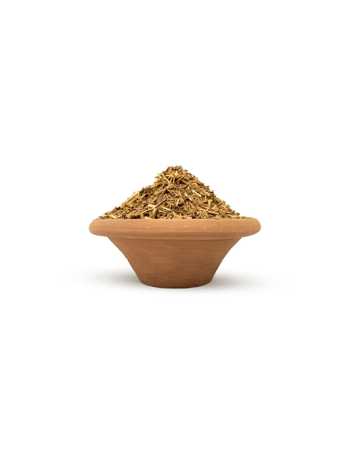 Ayahuasca rouge (Banisteriopsis muricata) – liane broyée d’Équateur – liane broyée dans un bol en terre cuite